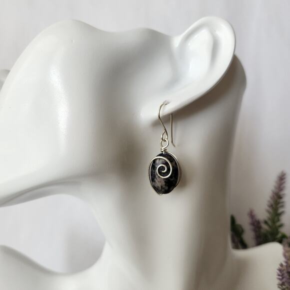 Blue Sodalite Stone Wire-wrapped Dangle Earrings / Minimalist Stone Earrings - Picture 3 of 11